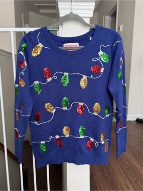 Tipsy Elves Blue Christmas Lights Sequin Crewneck Sweater Size Small Women’s